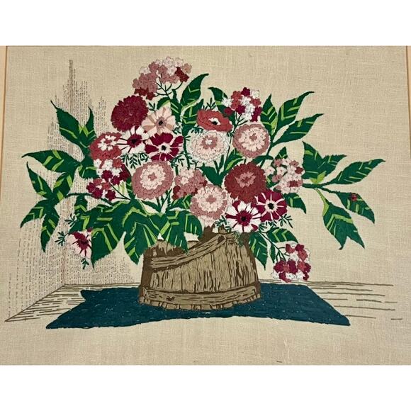 Vintage Floral Crewel Embroidery Wall Art Framed Needlework-Midcentury-Handmade - Picture 2 of 8